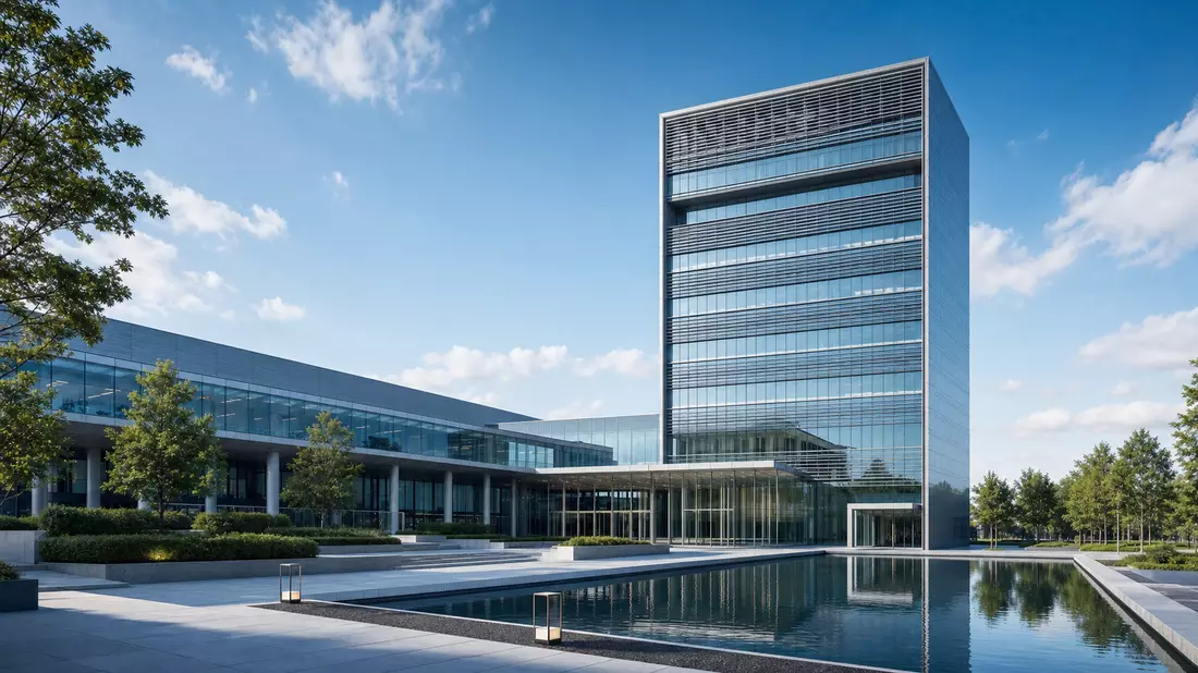3D-Render eines gläsernen Bürohochhauses mit Teich und Grünanlage davor