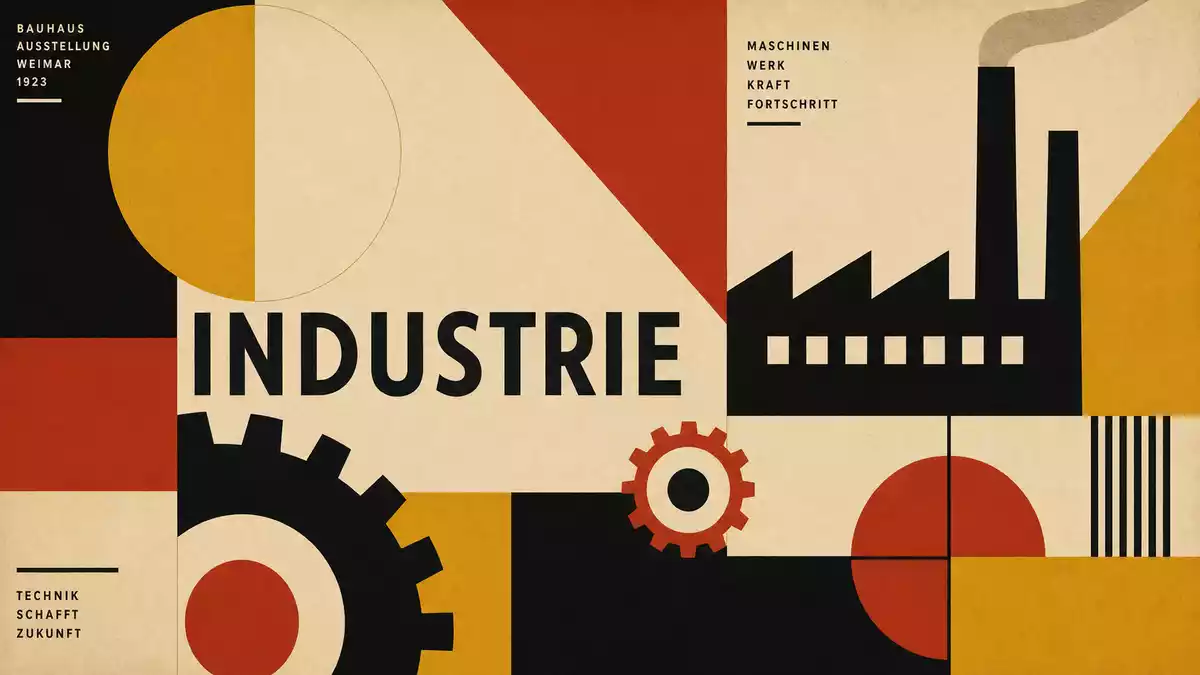 Geometrisches Bauhaus-Poster mit Fabriksilhouette und Schriftzug INDUSTRIE