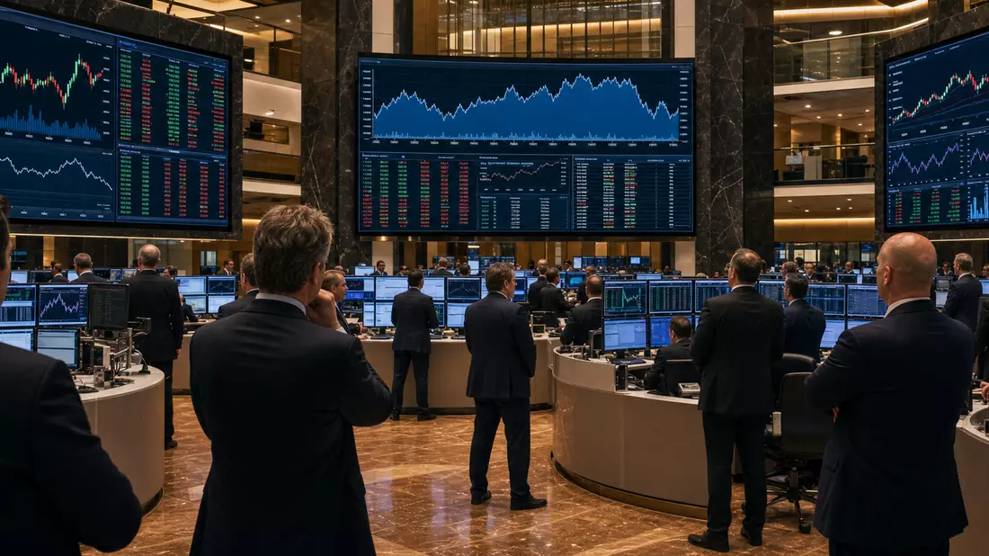 Trading-Floor der Frankfurter Börse mit Händlern vor großen Chart-Bildschirmen