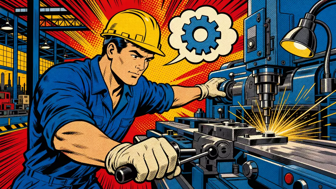 Bunte Pop-Art-Comicszene eines Fabrikarbeiters an einer Industriemaschine