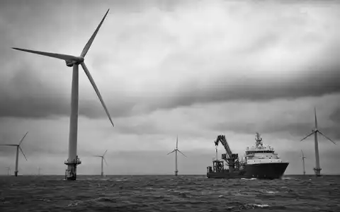 EDP Renováveis S.A. (ES0127797019) investiert in Offshore-Windkraft, gezeigt als Schwarzweiß-Reportage mit Turbinen und Schiff - Foto: THN
