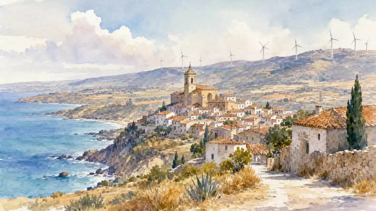 Aquarellmalerei iberischer Küste mit Windturbinen, Bezug EDP Renováveis S.A., ISIN ES0127797019