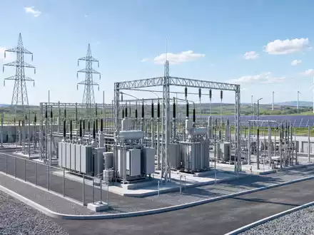EDP Renováveis S.A. (ES0127797019) betreibt Netzanlagen, Render zeigt modernes Umspannwerk neben Solarfeld und Windturbinen - Foto: THN