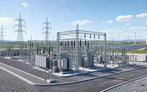 EDP Renováveis S.A. (ES0127797019) betreibt Netzanlagen, Render zeigt modernes Umspannwerk neben Solarfeld und Windturbinen - Foto: THN