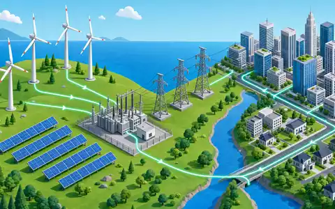 EDP Renováveis S.A. (ES0127797019) zeigt isometrisch Wind, Solar, Umspannwerk und Stadt als Wertschöpfungskette - Foto: THN