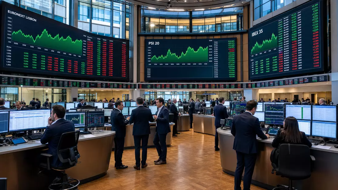 Trading-Floor mit PSI 20 und IBEX 35 Charts, Bezug EDP Renováveis S.A., ISIN ES0127797019