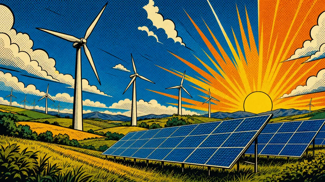 Pop-Art-Comic mit Windturbinen und Solarpanels, Bezug EDP Renováveis S.A., ISIN ES0127797019