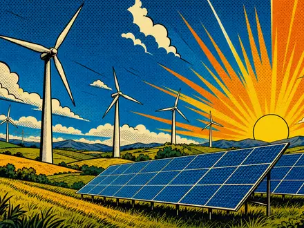 EDP Renováveis S.A. (ES0127797019) erscheint als Pop-Art-Comic mit Windturbinen, Solarpanels und Sonnenuntergang - Foto: THN