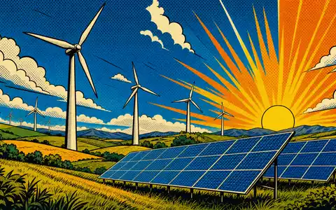 EDP Renováveis S.A. (ES0127797019) erscheint als Pop-Art-Comic mit Windturbinen, Solarpanels und Sonnenuntergang - Foto: THN