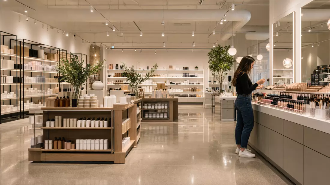 Moderner Beauty-Store mit Kundin an Kosmetiktheke, helle Beleuchtung, offene Regale