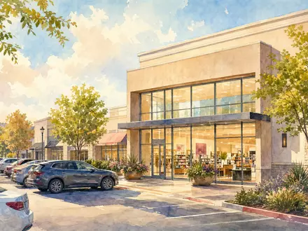 Aquarellmalerei zeigt Einkaufszentrum mit Beauty-Storefront, symbolisiert Standorte von Ulta Beauty Inc., ISIN US90384S3031, USA - Foto: THN