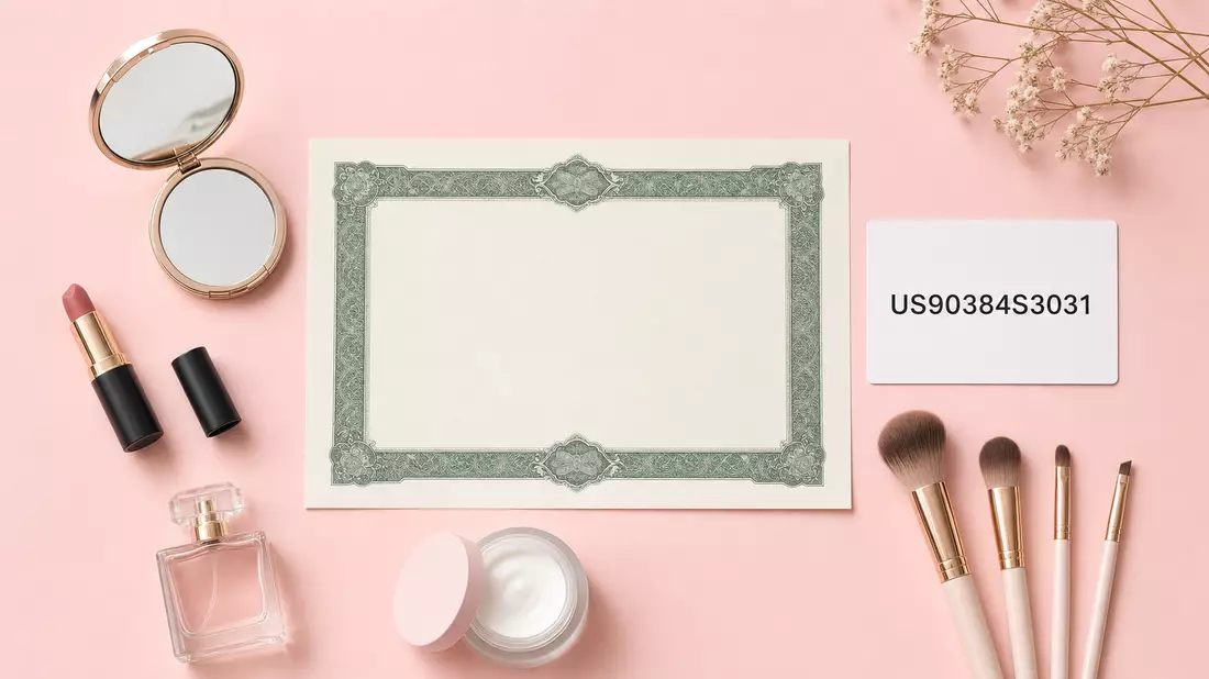 Flatlay mit Aktienzertifikat, ISIN-Karte und unbedruckten Kosmetikprodukten auf rosa Hintergrund