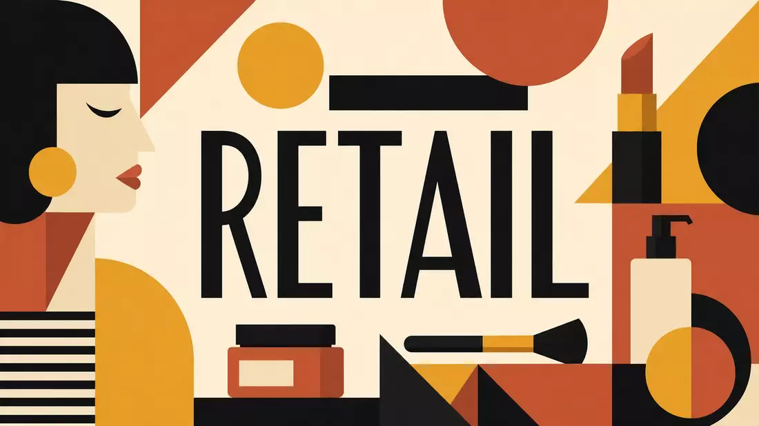 Geometrisches Bauhaus-Poster mit Kosmetikmotiven und dem Wort RETAIL