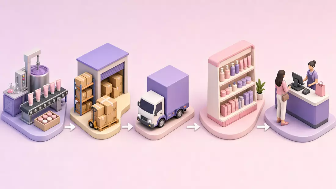 Isometrische Illustration der Lieferkette vom Hersteller bis zum Verkaufsregal