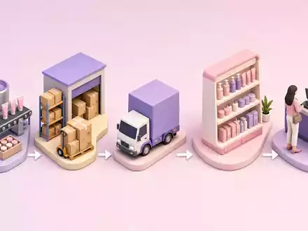 Isometrisches 3D-Diagramm zeigt Wertschöpfungskette im Einzelhandel, passend zu Ulta Beauty Inc., ISIN US90384S3031, Prozessschritte - Foto: THN