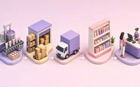 Isometrisches 3D-Diagramm zeigt Wertschöpfungskette im Einzelhandel, passend zu Ulta Beauty Inc., ISIN US90384S3031, Prozessschritte - Foto: THN