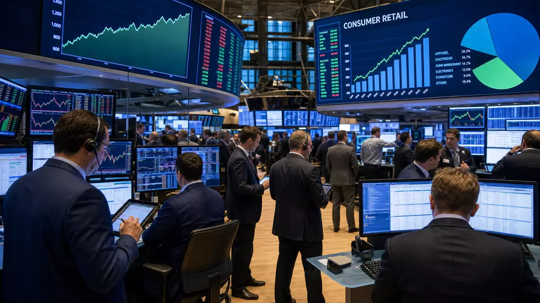 Trading-Floor mit Händlern vor Bildschirmen und Diagrammen zum Konsumgütersektor