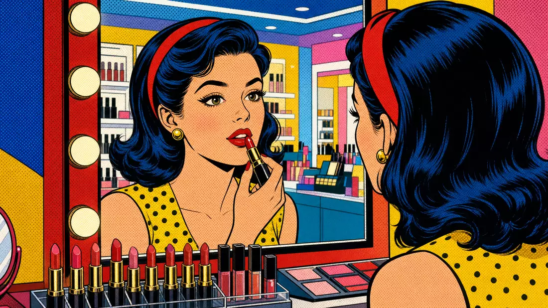 Bunte Pop-Art-Comicillustration einer Frau, die vor einem Spiegel Lippenstift aufträgt