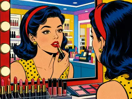 Pop-Art-Comic-Szene zeigt Kundin beim Schminken, passend zur Branche von Ulta Beauty Inc., ISIN US90384S3031, farbenfroh - Foto: THN