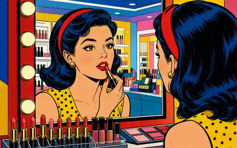Pop-Art-Comic-Szene zeigt Kundin beim Schminken, passend zur Branche von Ulta Beauty Inc., ISIN US90384S3031, farbenfroh - Foto: THN
