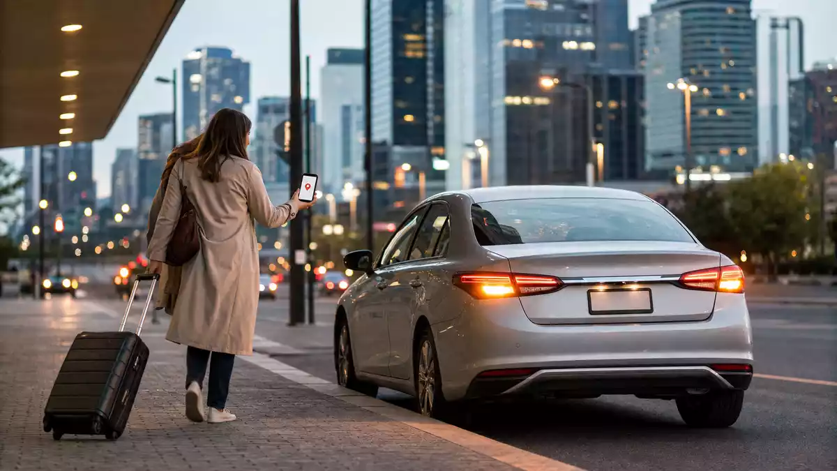 Fotorealistische Ride-Hailing-Szene mit unbedrucktem Auto und Reisender in Großstadt bei Dämmerung