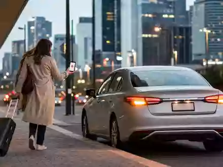 Fotorealistische Szene zeigt Uber Technologies (US90353T1007): Passagierin ruft unbedrucktes Fahrzeug per Smartphone in Großstadt - Foto: THN