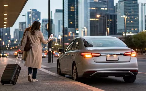 Fotorealistische Szene zeigt Uber Technologies (US90353T1007): Passagierin ruft unbedrucktes Fahrzeug per Smartphone in Großstadt - Foto: THN