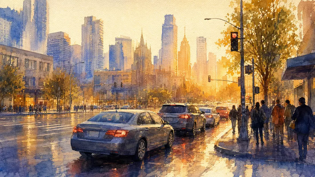 Aquarellbild einer belebten Innenstadtstraße mit wartenden Fahrzeugen bei Sonnenuntergang