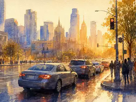 Aquarellmalerei illustriert Uber Technologies (US90353T1007): warme Innenstadtszene mit wartenden unbedruckten Fahrzeugen bei goldenem Abendlicht - Foto: THN