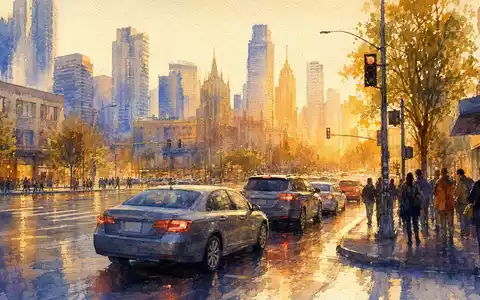 Aquarellmalerei illustriert Uber Technologies (US90353T1007): warme Innenstadtszene mit wartenden unbedruckten Fahrzeugen bei goldenem Abendlicht - Foto: THN