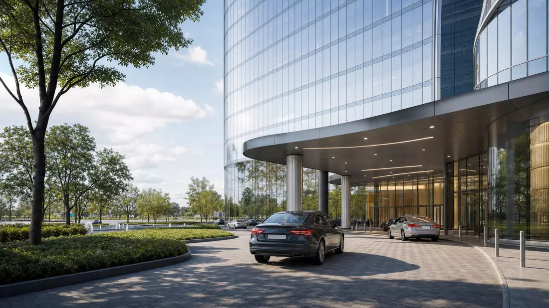 Architektonisches 3D-Render eines modernen Bürohochhauses mit Fahrzeugen an der Vorfahrt