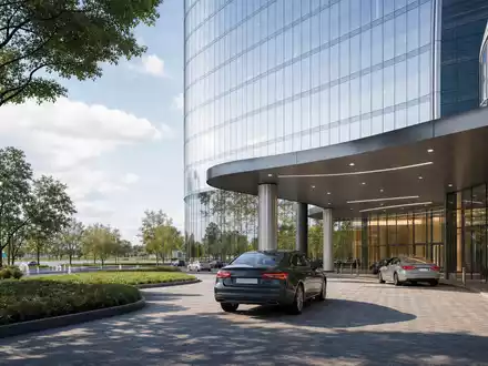 Architektur-Render visualisiert Uber Technologies (US90353T1007): moderne Glasfassade mit unbedruckten Fahrzeugen an überdachter Vorfahrt - Foto: THN