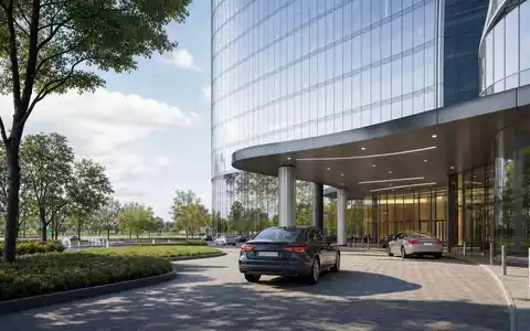 Architektur-Render visualisiert Uber Technologies (US90353T1007): moderne Glasfassade mit unbedruckten Fahrzeugen an überdachter Vorfahrt - Foto: THN