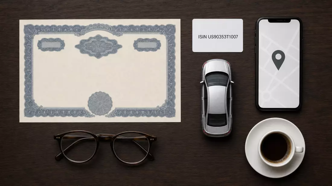 Flatlay mit Aktienzertifikat, ISIN-Karte, Modellauto und Smartphone auf dunklem Holztisch