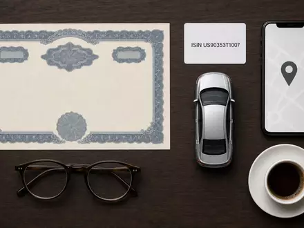 Flatlay-Arrangement repräsentiert Uber Technologies (US90353T1007): Aktienzertifikat, Karte mit ISIN US90353T1007 und Miniaturauto auf Holztisch - Foto: THN