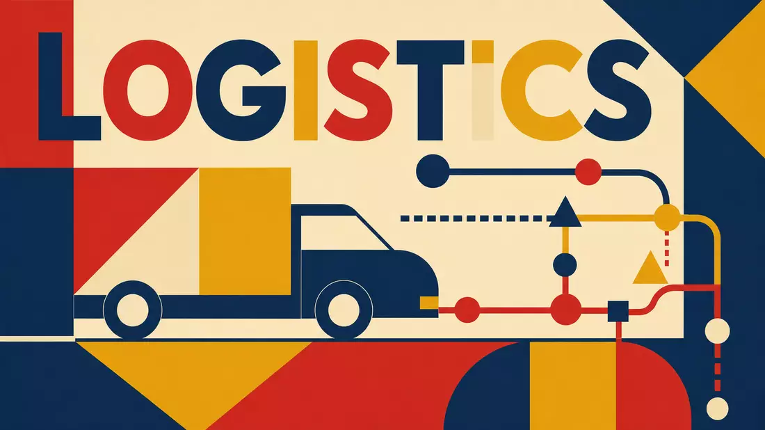 Geometrisches Bauhaus-Poster mit stilisiertem Lieferwagen und dem Wort LOGISTICS