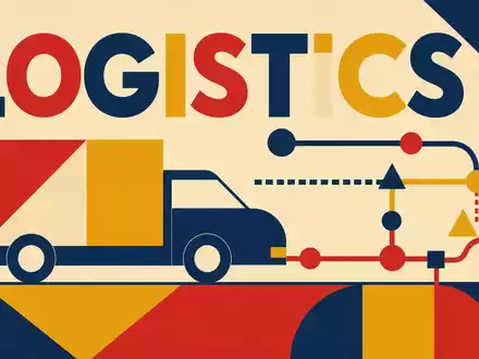 Bauhaus-Poster symbolisiert Uber Technologies (US90353T1007): geometrische Formen, stilisiertes Lieferfahrzeug und Schriftzug LOGISTICS in Primärfarben - Foto: THN