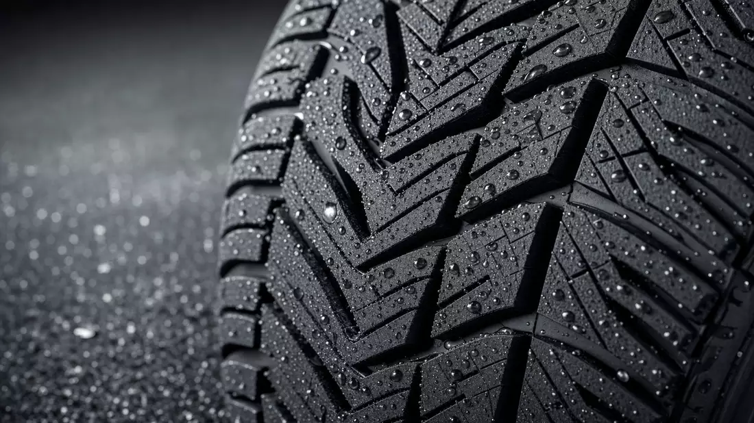Extreme Makroaufnahme eines nassen Autoreifenprofils mit Wassertropfen und dramatischem Licht