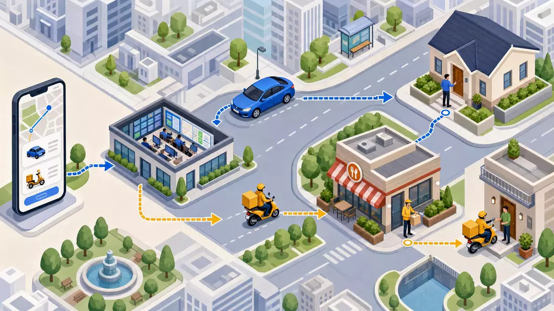 Isometrische Illustration einer Liefer- und Fahrdienst-Wertschöpfungskette in einer Stadt