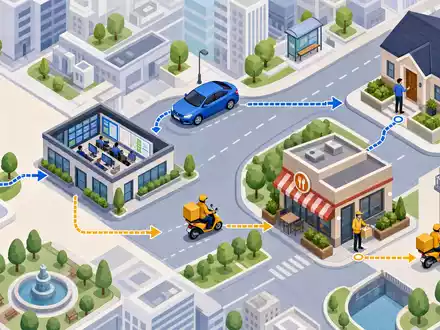 Isometrische 3D-Grafik erklärt Uber Technologies (US90353T1007): Wertschöpfungskette von Smartphone-Bestellung über Fahrzeug bis Haustür-Lieferung - Foto: THN