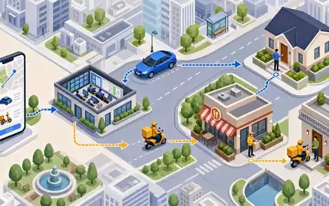 Isometrische 3D-Grafik erklärt Uber Technologies (US90353T1007): Wertschöpfungskette von Smartphone-Bestellung über Fahrzeug bis Haustür-Lieferung - Foto: THN