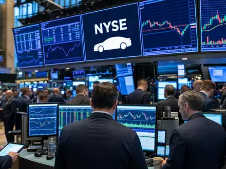 Börsen-Editorial dokumentiert Uber Technologies (US90353T1007): Trading-Floor der NYSE mit Kursdiagrammen und stilisiertem Fahrzeugsymbol auf Bildschirmen - Foto: THN
