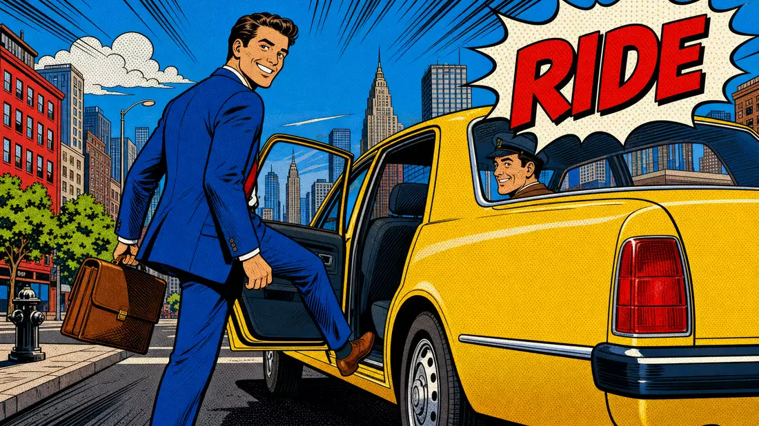 Bunte Pop-Art-Comicszene mit Fahrgast, der in ein gelbes Taxi-Fahrzeug einsteigt