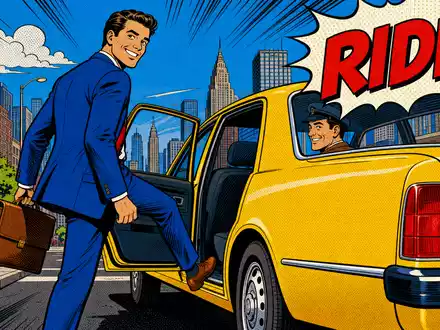 Pop-Art-Comic zeigt Uber Technologies (US90353T1007): lächelnder Fahrgast steigt in unbedrucktes gelbes Auto mit Sprechblase RIDE - Foto: THN