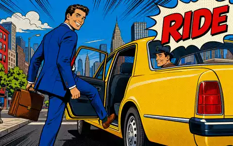 Pop-Art-Comic zeigt Uber Technologies (US90353T1007): lÀchelnder Fahrgast steigt in unbedrucktes gelbes Auto mit Sprechblase RIDE - Foto: THN