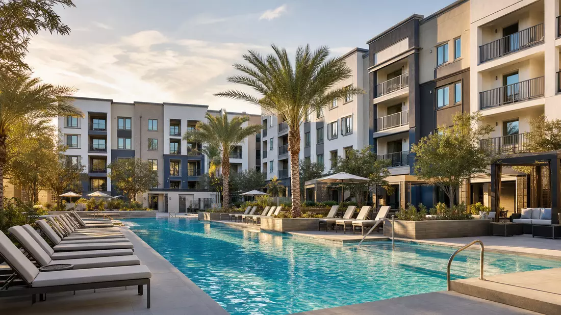 Moderne Apartmentanlage mit Pool, Palmen und mehrstöckigen Wohngebäuden im Abendlicht