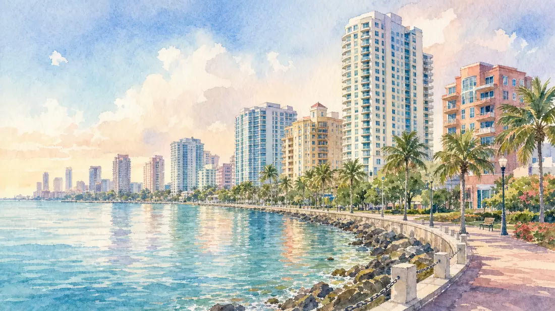 Aquarellmalerei einer Küstenstadt-Skyline mit Wohntürmen und Palmen entlang der Promenade