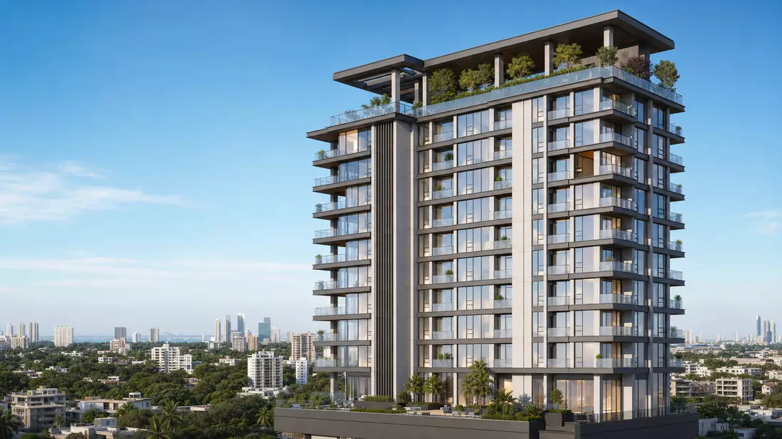 Architektur-Render eines modernen Wohnhochhauses mit Glasbalkonen und Dachgarten über der Stadt