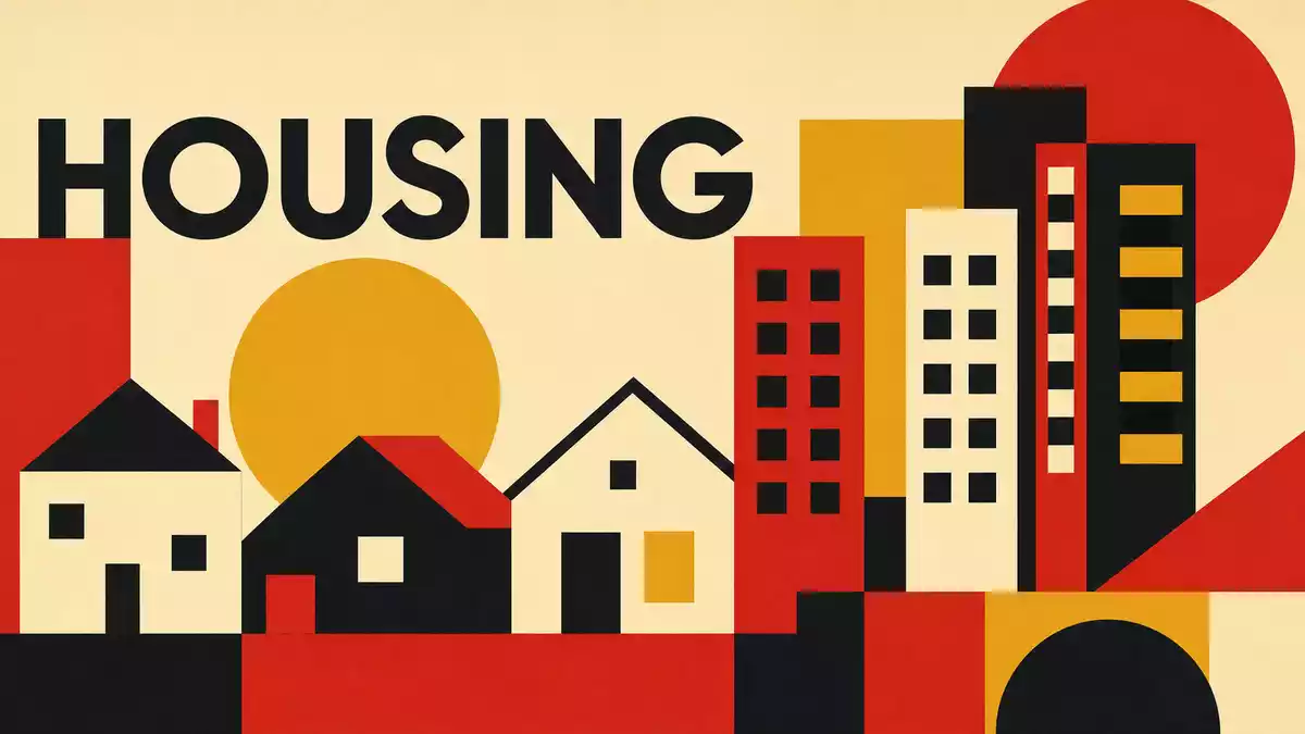 Bauhaus-Poster mit geometrischen Häusern, Wohnblöcken und dem Schriftzug HOUSING