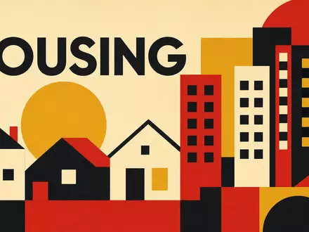UDR Inc. (US9029011082) symbolisiert den Wohnimmobiliensektor als farbiges geometrisches Bauhaus-Poster mit stilisierten Häusern - Foto: THN